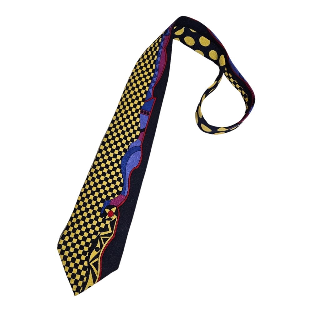 GIANNI VERSACE Black/Yellow Geometric Art Silk LUXURY Tie HANDMADE SPAIN